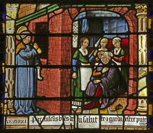 Window depicting Saint Nicholas leaving money for the father of three girls by French School
